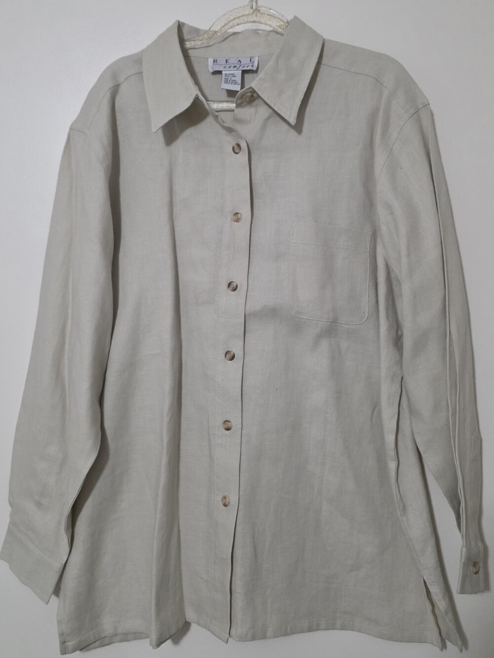 Real Comfort 100% Linen Button Up Khaki Top Breathable Cool Resortwear Sz Large